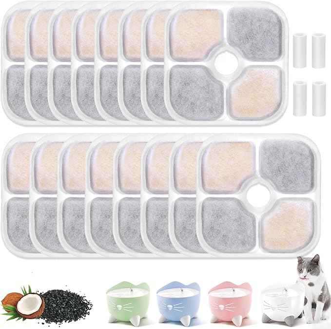 16-pack Cat Water Fountain Filter Compatible with Pixi Catit Water Fountains, Triple-Layer Cat Filters for Catit Fountain Filter Replacement, Pet Drinking Fountains Filters with 4 Pump Tubes
