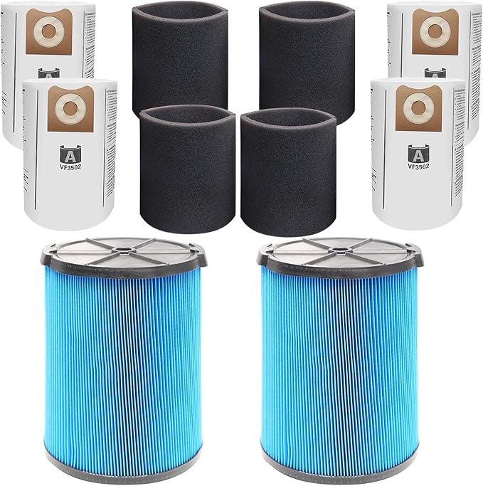 2 Pack VF5000 Filters + 4 Pack VF3502 Filter Bags + 4 Pack Foam Sleeve for Ridgid 6-20 Gallon Wet Dry Vacuum Cleaner (10 Pack) - AquaVibe
