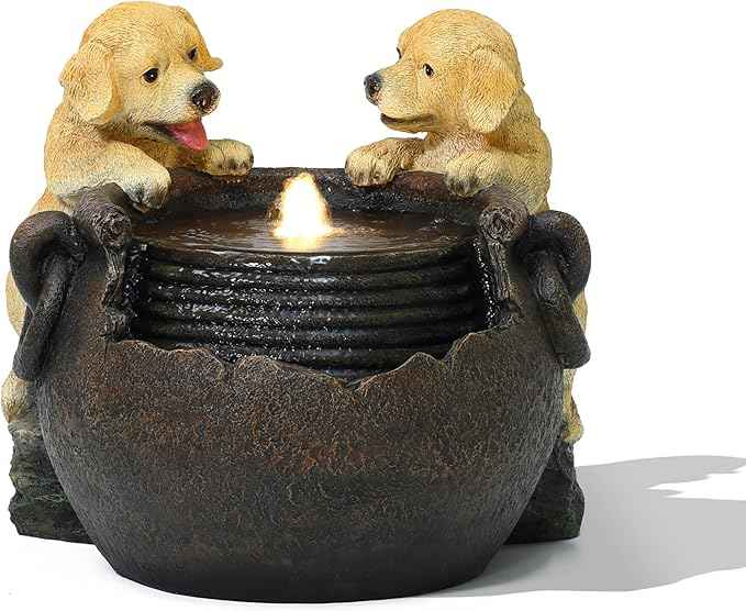 LuxenHome Outdoor Water Fountain, 16 Inch Adorable Puppies Resin Water Fountains Indoor with LED Lights, Farmhouse Waterfall Outdoor, Indoor Fountains and Waterfalls for Patio, Garden Decor