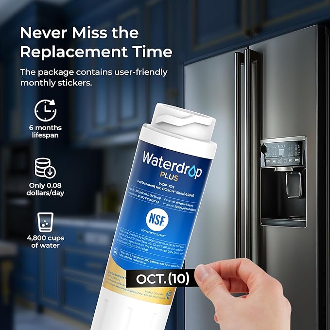 Waterdrop Plus 644845 NSF 401&53&42 Certified Refrigerator Water Filter, 𝐑𝐞𝐝𝐮𝐜𝐢𝐧𝐠 lead and 𝐏𝐅𝐀𝐒, Replacement for Bosch® 11034152, 9000077104, UltraClarity® REPLFLTR10, 3 Filters - AquaVibe
