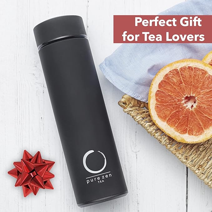 Pure Zen Tea Thermos with Infuser for Hot and Cold Infusions, Coffee and Fruit-Infused Water - Stainless Steel - Tea Infuser Bottle - Leakproof Travel Mug with Filter - 15oz - Black