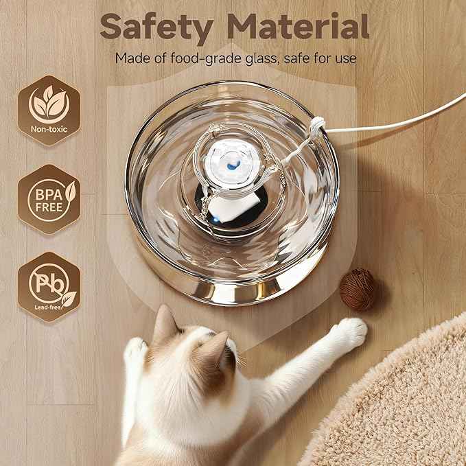 Glass Cat Water Fountain, 2.7L/91 oz Ultra-Quiet Pet Fountain, Automatic Water Dispenser for Cats & Small Dogs, Spill-Resistant Pet Water Bowl, BPA-Free, Includes 2 Filters, Effortless to Clean
