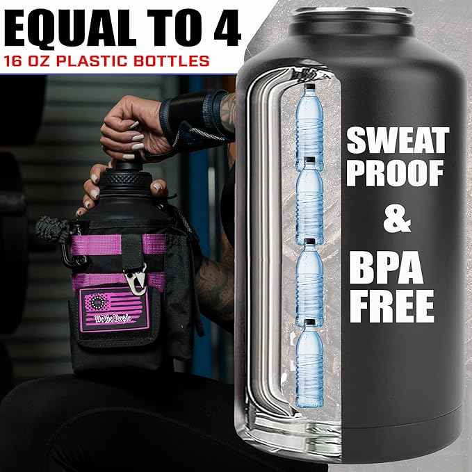 Iron Infidel Battle Bottle - Half Gallon Water Bottle Insulated, 64 oz Tactical Stainless Steel Water Jug with Handle - Gym Water Bottle with Rugged Sleeve for Storage (Valkyrie 2 Liter)