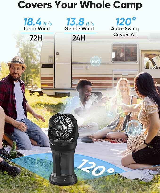 Portable Misting Fan for Outdoor Patios - 30000mAh Rechargeable Battery Operated Camping Fan with 2L Water Tank, 4 Spray, 4 Speeds & RGB Light for Fishing/Travel/Garden Party/Golf/Tent/Office