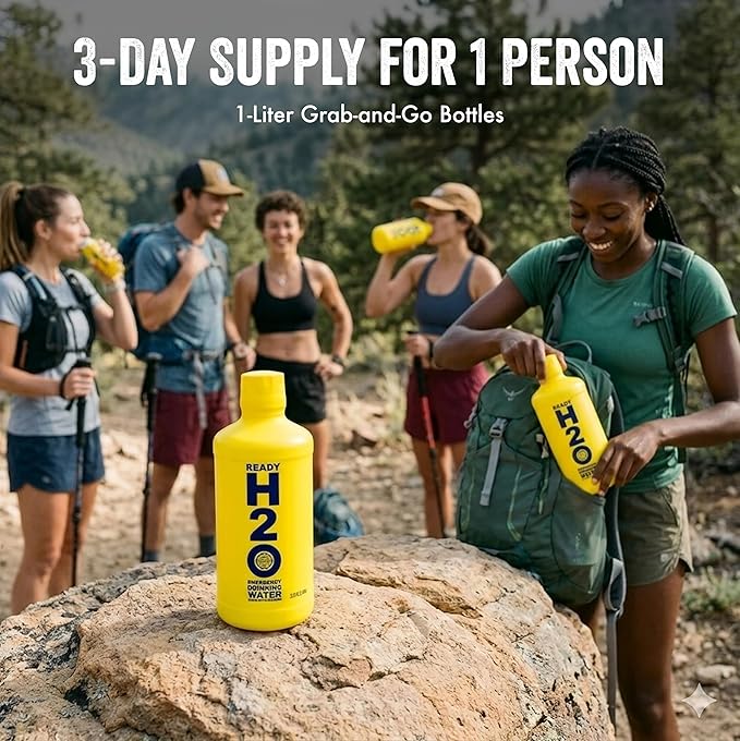 Ready H2O Bottled Emergency Drinking Water, 20 Year Shelf Life, Sealed for Long Term Storage, 3 Day Supply for 1 Person, Food Grade HDPE Bottles, Floating Design, 1 Liter Bottles, 12 Pack