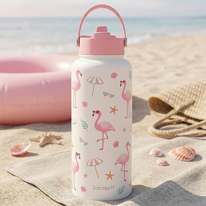 Flamingo Lover Gift for Women, Tropical Water Bottle Stainless Steel 32oz with Lid & Straw, Insulated Bottles Gifts for Girls Friends Teens Birthday Christmas Summer Vibes