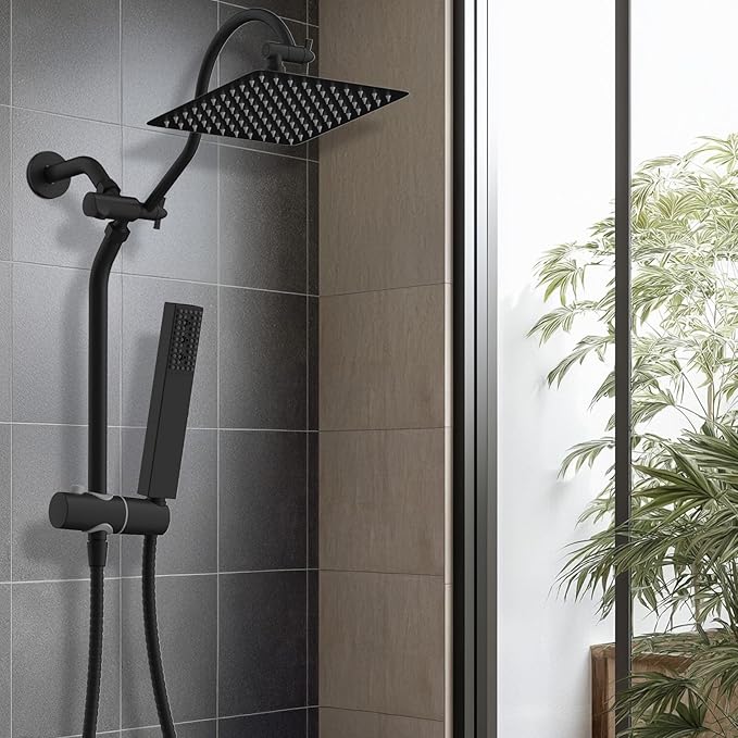 Hibbent cUPU Certified High Pressure 10'' Rainfall Shower Head, Showerhead Combo with 4-mode Handheld Spray, 12'' Adjustable Extension Arm, Extension Bar, Easy Reach Holder, 71'' Hose, Matte Black