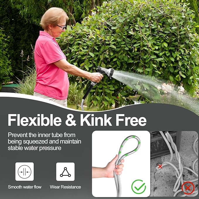 175ft 304 Stainless Steel Garden Hose Metal, Heavy Duty Water Pipe with Nozzles for Yard, Outdoor - Flexible, Never Kink & Tangle, Puncture Resistant (Sliver)