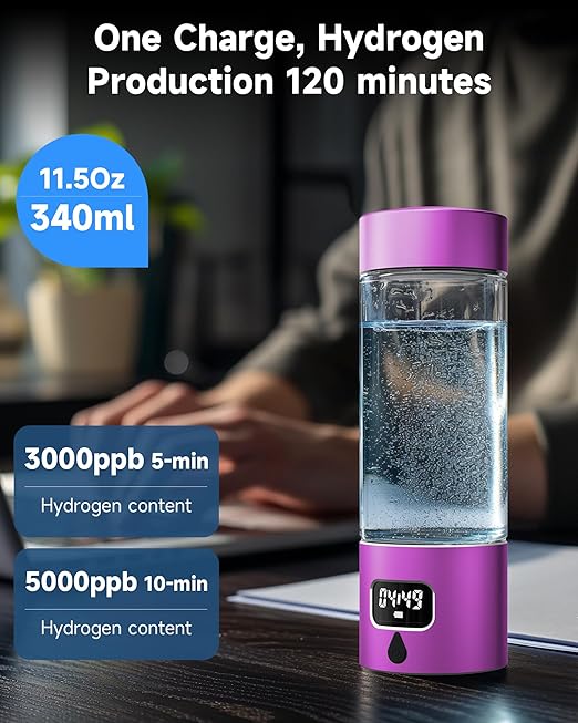 Hydrogen Water Bottle - Portable Rechargeable Water Bottle with LED Timer, Aluminum and Glass, 5000 PPB Hydrogen Production, Gift for Husband Wife Father Friend Client (Purple, 11.6Oz)