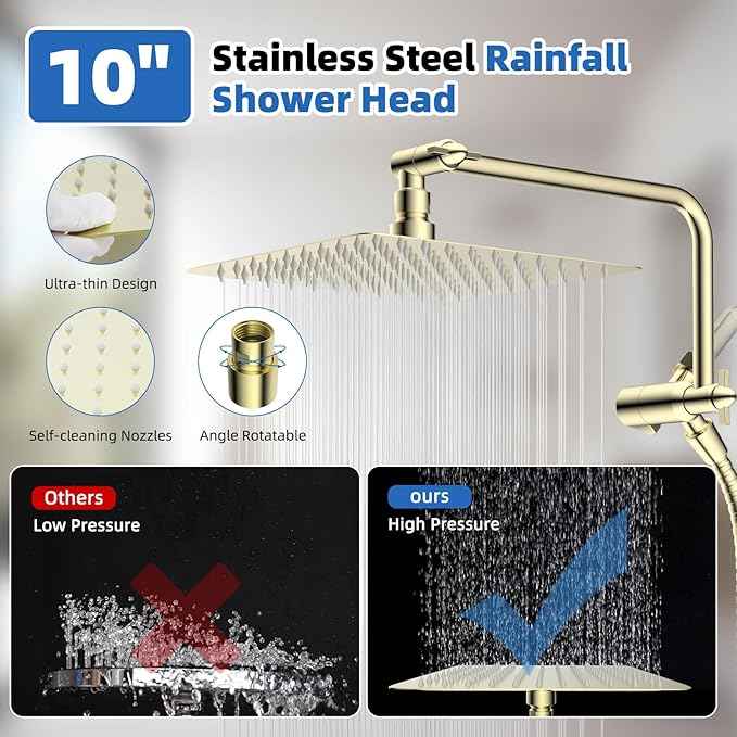 All Metal Shower Head, 10" High Pressure Rainfall/Handheld Shower Combo with 11" Extension Arm, 10-Spray Handheld Showerhead, 71" Long Hose, 3-Way Diverter Valve, Shiny Gold