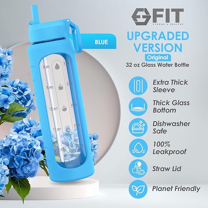FIT Strong & Healthy 32 oz Glass Water Bottle with Straw Lid, Time Marker, Sleeve & Extra Lid - Motivational, Wide Mouth 1 Liter Glass Drinking Bottle