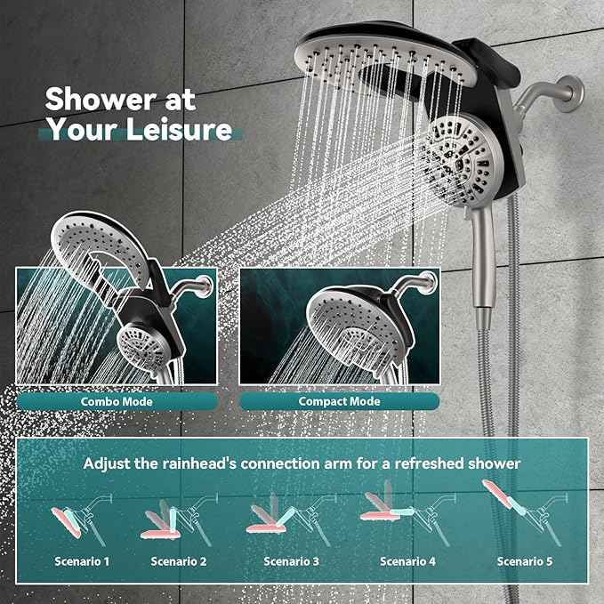 Rain Shower Head with Handheld: Foldable High Pressure Shower Heads with Handheld Spray Combo, 9 Spray Settings/Modes Hand Held Showerhead Dual Rainfall Shower Head Built-in Magnetic Docking and Jets