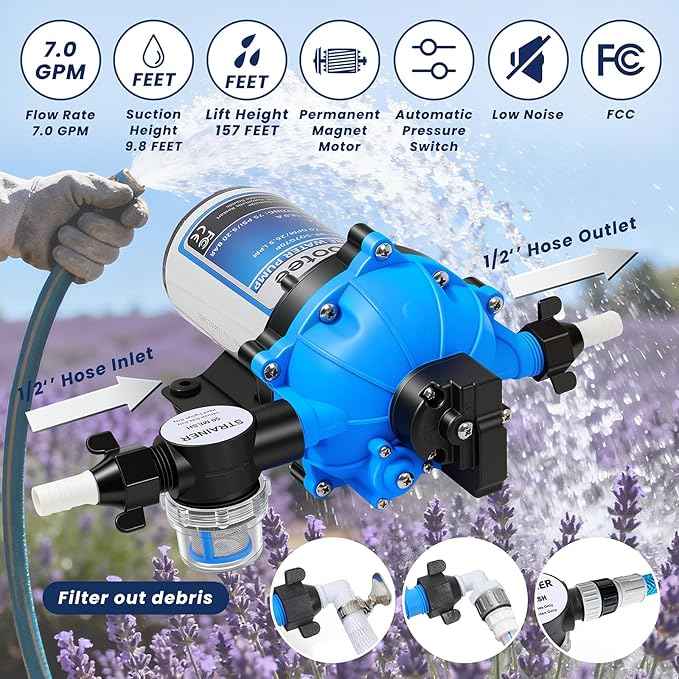 Bootee 12V RV Water Pump, 7.0 GPM 75PSI Automatic Pressure Switch, Self-Priming Fresh Water Pump for RV Marine Camping, 12 Volt DC Water Transfer Pump with Thermal Protection