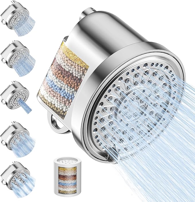 Filtered Shower Head, High Pressure 5 Spray Settings Filtered Showerhead for Hard Water Softener, Shower Head Set 30+2 Stage Shower Filter - Reduces Chlorine and Heavy Metals, 6 inch
