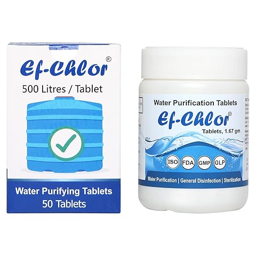 Ef-Chlor Overhead & Underground Water Tank Purification Tablets/Pills 1.67gm Jar of 50 Tablets Having 3 Years Shelf Life 1 Tablet Purifies 132 Gallons Water