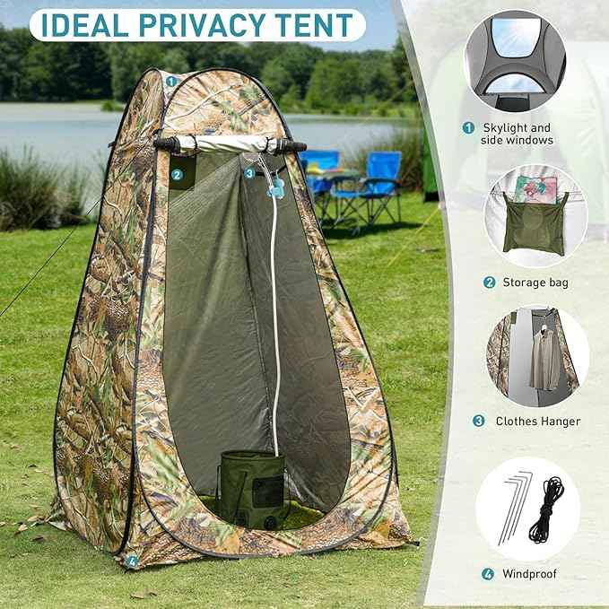 Portable Hot Shower for Camping Shower Tent Kit, 1000W Immersion Heater, Rechargeable Camping Shower Pump, Pop Up Shower Tent with 6.6 Gallons Folding Bucket for Adults Outdoor