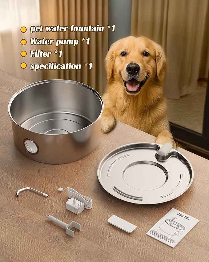 Dog Water Fountain for Large Dogs- 270oz/8L Stainless Steel Dog Water Bowl Dispenser Automatic Pet Water Fountain with Ultra-Quiet Pump/Quadruple Filtration for Dogs, Cats, Multiple Pets