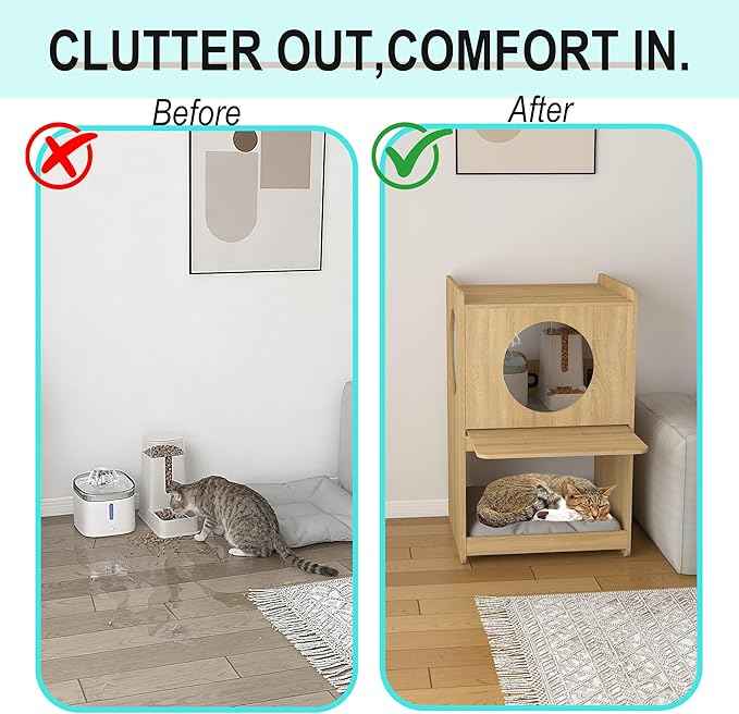 GDLF Cat Feeding Station for Water Fountain & Food, Elevated Cat Feeding Table with Spill-Proof Mat, Window Perch and Storage