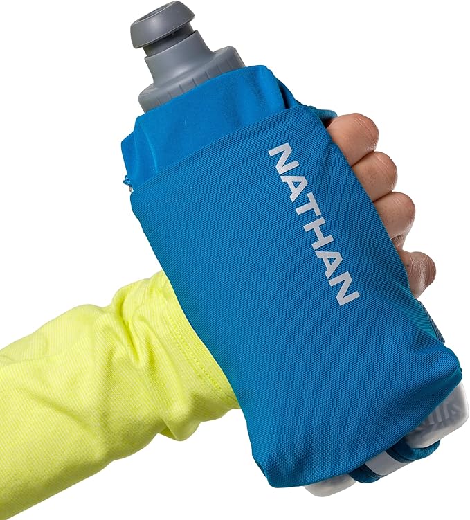 Nathan SpeedDraw 2 Insulated Handheld Running Water Bottle Flask 18oz – Double-Wall Insulation, Ergonomic Grip, Blast Valve Cap, Phone & Key Storage Pockets, Reflective Design