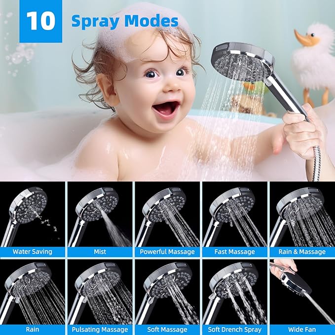 Hibbent Upgraded 5-spray 13'' Dual Filtered Rainfall Shower Head Combo, High Pressure 10-setting Handheld Shower Head with 12'' Adjustable Extension Arm, 20 Stage Shower Filter, 71'' Hose, Chrome