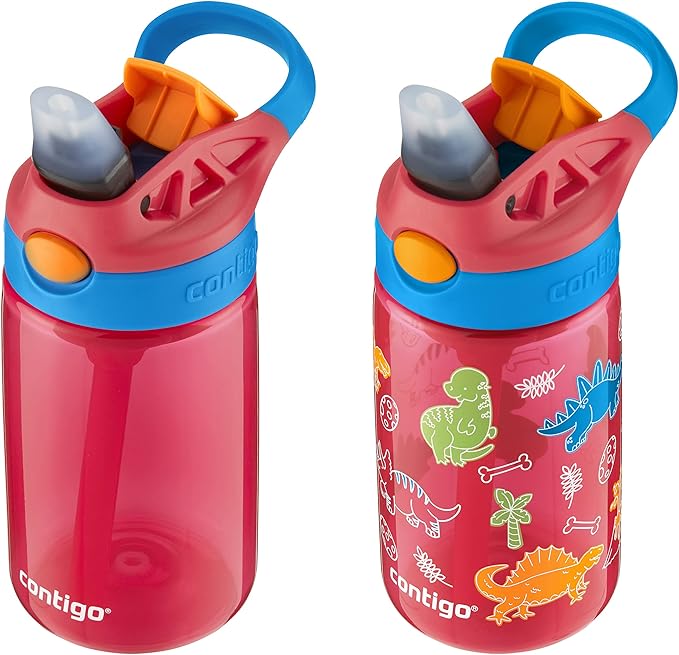 Contigo Aubrey Kids Water Bottle, 2-Pack, 14oz, Watermelon & Dinos, Spill-Proof Lid, Dishwasher Safe, BPA Free, Red and Blue | Kids, Cleanable, with Silicone Straw, Spill-Proof Lid, 2-Pack, Dishwasher-Safe