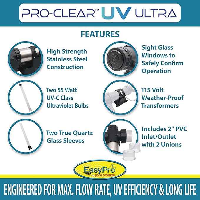 EasyPro PCU110W PRO-Clear™ UV Ultra Stainless Steel UV Clarifier / 110 Watt/Max. Flow Rate: 6500 GPH/Max. Pond: 14,000 Gallons
