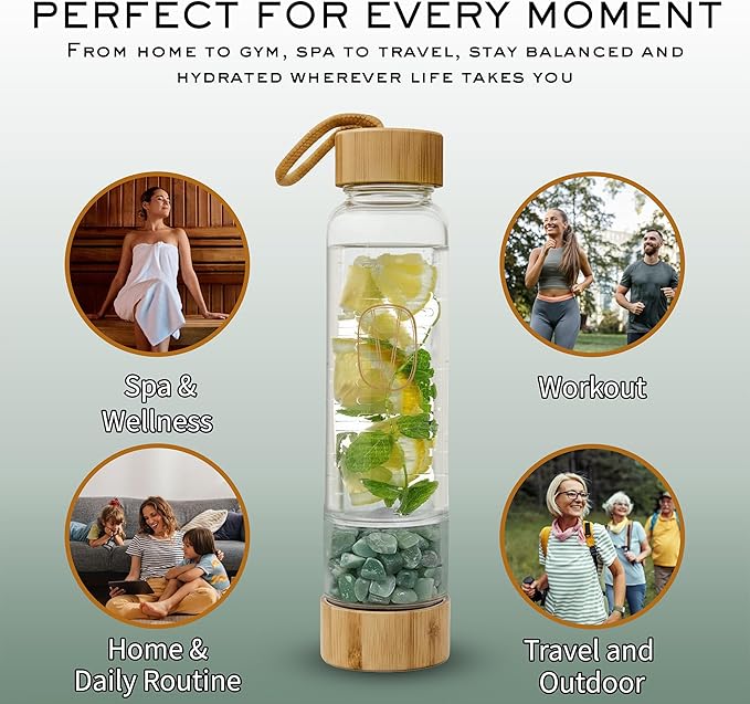 Vie Healing Gem Infused Aventurine Crystal Water Bottle, 16oz | Crystal Glass Bottle for Mindful Hydration, Daily Balance & Style | Eco Friendly Reusable Water Bottle for Home, Office, Gym & Travel