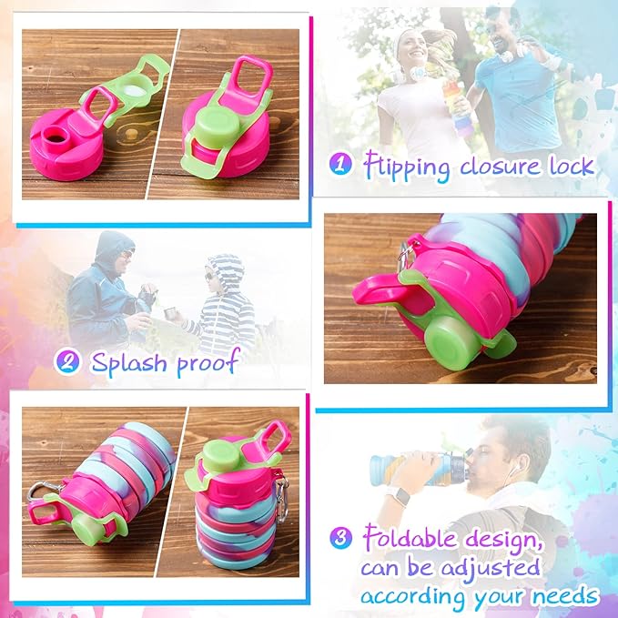 8 Pcs Collapsible Water Bottles Silicone Travel 16 oz Reusable Leakproof Foldable Water Bottles with Clip for Camping Hiking Cycling Travel Gym Yoga Outdoor Sports