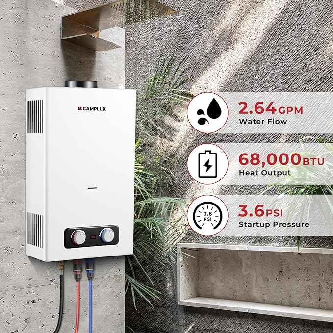 CAMPLUX Portable Propane Water Heater 2.64 GPM, Camping Water Heater with 3.3 GPM Water Pump Kit & Pipe Strainer, 68,000 BTU, BD264P120