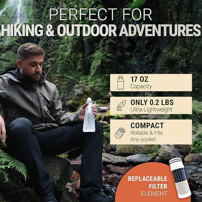 Water Filter Camping – Bachgold Foldable Squeeze Portable Water Filter for Hiking, Backpacking & Emergency Use | Ultralight Outdoor Filtration Bottle, Swiss Design