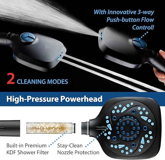 6-way High Pressure 82 Spray Mode Filtered Showerhead Combo - Handheld Shower Head Filters Chlorine to Heal Dry Skin, Revive Hair - Dual Power Wash Cleans Tub, Tile, Pets - Hard Water Softener, Black