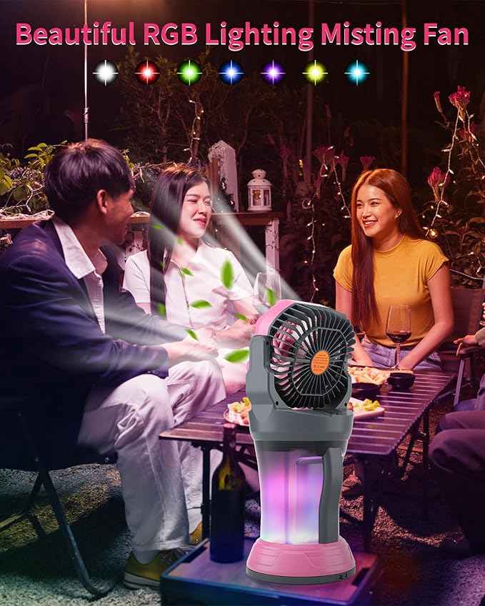 Portable Misting Fan with Large Battery Fan-Rechargeable Outdoor Misting Cooling Fans with 2L Water Tank,RGB Lights,4 Speeds & Spray Modes-for Patio, Camping, Beach, Workshop (Gray-Pink)