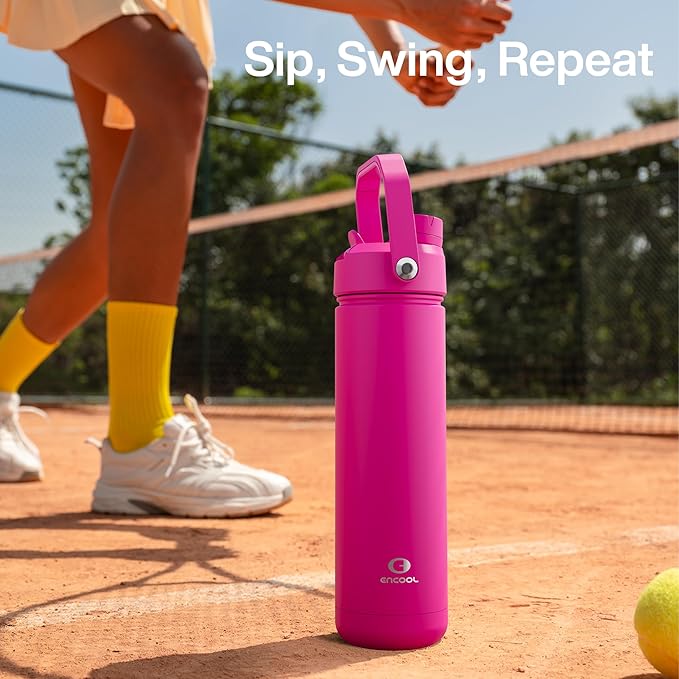 ENCOOL Insulated Water Bottle with Straw Stainless Steel Water Bottle, Leak-Proof, BPA-Free, Double Wall Vacuum Keeps Cold for 24 Hours for Sports, Travel, School (26 oz, Persian Rose)