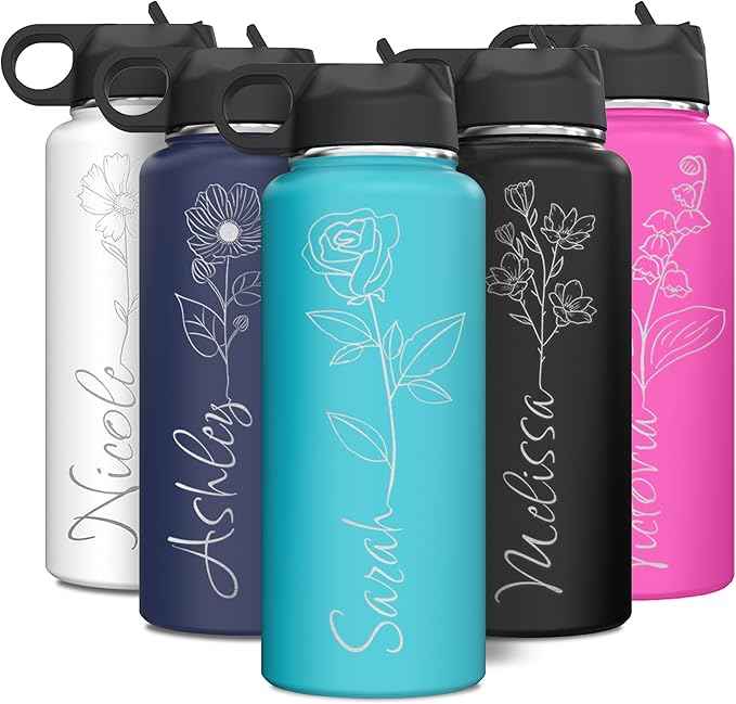 Custom Personalized Birth Flower Your Name Vertical Insulated Stainless Steel Water Bottle with Flip Top Lid & Straw Gift for Her 32 oz.