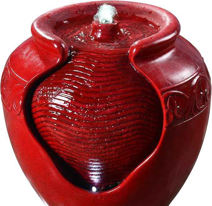 Teamson Home Outdoor Pot Fountain with LED Lights and Pump, Floor Water Fountain for Patio, Garden, Backyard, Decking Home Décor, 16.93 Inch Height, Red