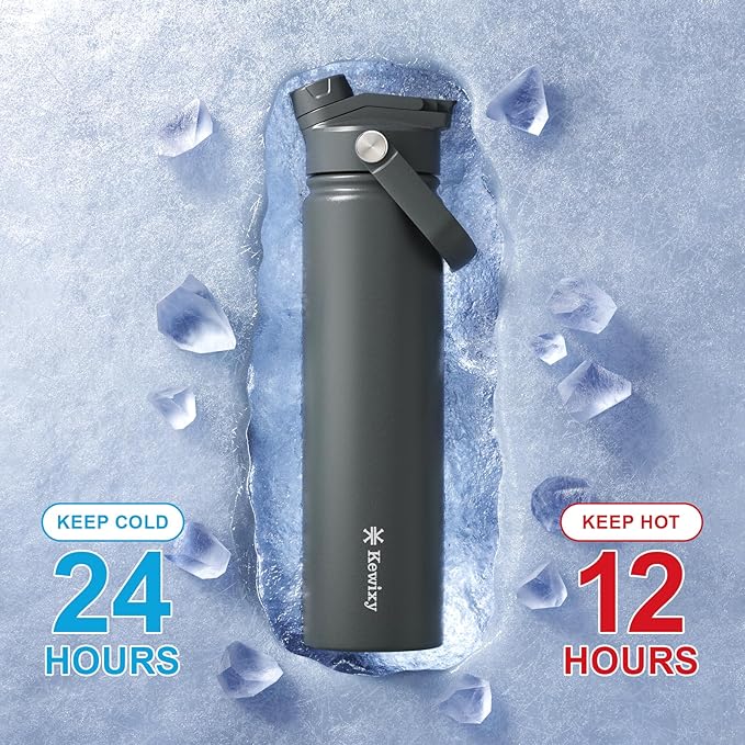 KEWIXY 24 oz Insulated Water Bottle, 2-in-1 Lid, Straw & Spout with Protected, Leak Proof, Keep Cold, Stainless Steel, Metal, Reusable, Handle, for Travel, Gym and School, 2 Lids, Char Gray