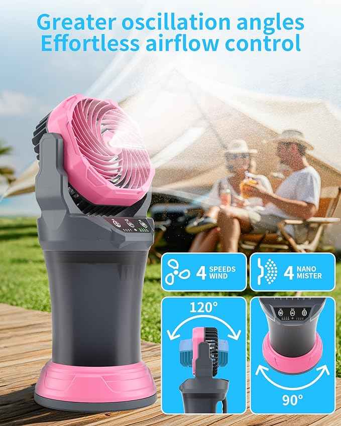 AVV Portable Misting Fan with RGB Ambient Light- 2L Water Tank, 4 Speeds & Spray Mist Fan, 30000mAh Rechargeable Misting Fans for Outdoor/Indoor Fans for Camping, Patio, Garden, Grey-Pink