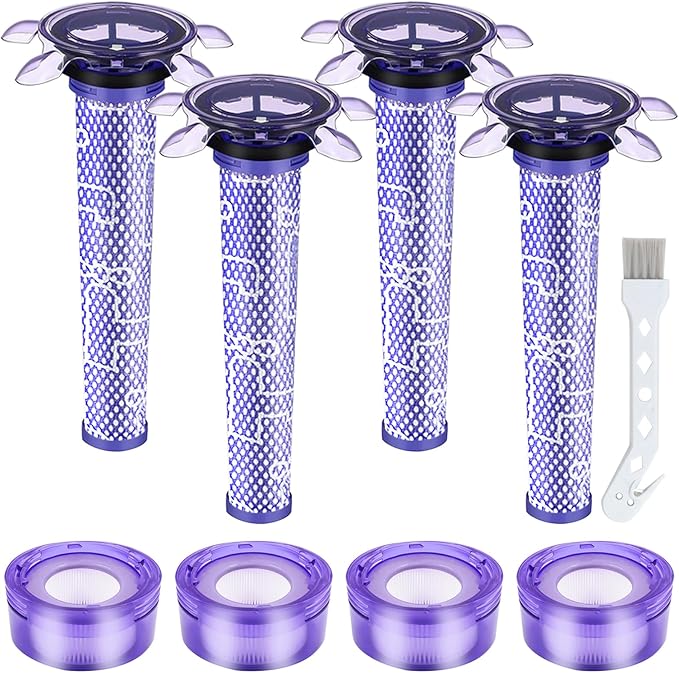 Upgraded V7 V8 Cordless Vacuum Cleaner Filter for Dyson V7 V8 Animal and V8 Absolute Cordless Vacuum, 4 Pre-Filters, 4 Post-Filters, 1 Brush, Compare to Part 965661-01 & 967478-01 - AquaVibe