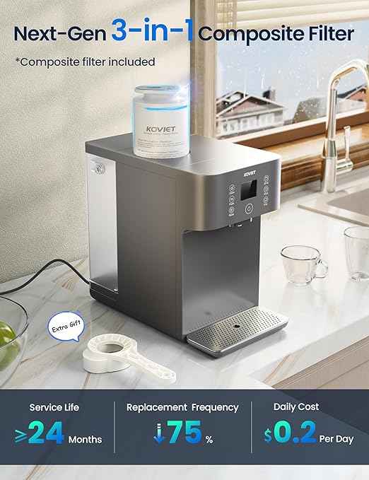 CF01 Reverse Osmosis Countertop Water Filter, 8 Stage Nano RO Water Filtration System, Home Water Purifier, 4:1 Pure to Drain Ratio, No Installation Required, Grey - AquaVibe