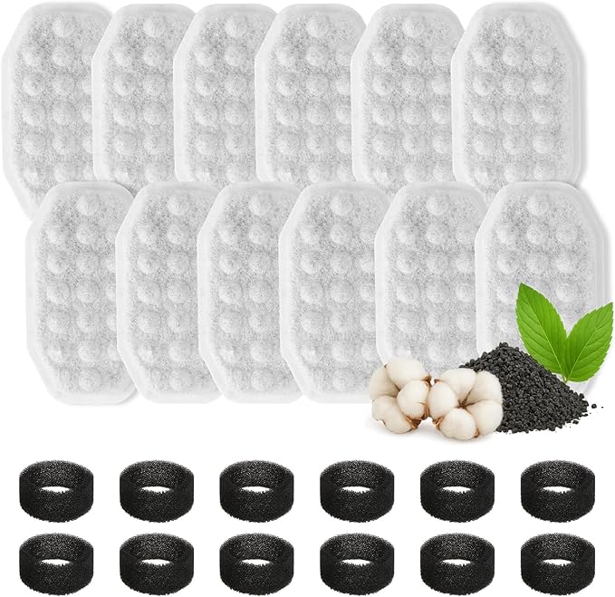 24 PCS Cat Water Fountain Filter for 108oz/3.2L Stainless Steel Dispensers – 12 Pack Replacement Filters for Pet Fountains – 12 Carbon + 12 Sponge – Improves Water Quality & Reduces Odors