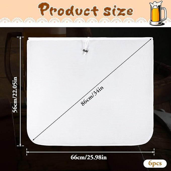 6 Pack Reusable Brew Bags, Extra Large 26"x22" Fine Mesh Strainer Bag with Adjustable Drawstring for Home Brewing Beer Wine Cold Brew Grains Hops Filtering
