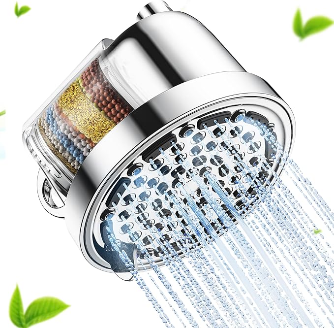 JOMOO 6 inch Rain Shower Head with Filter, High Pressure 5-Spray Mode Fixed Showerhead with Replaceable Filter Cartridge for Hard Water Remove Chlorine, Water Saving Bathroom Rainfall Shower Head