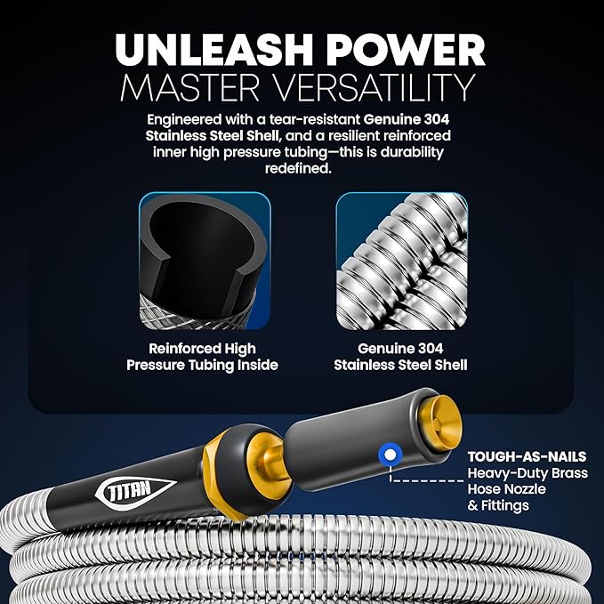 TITAN Garden Hose 15FT - 304 Stainless Steel Metal Water Hose, Flexible, Kink-Free, Lightweight, Durable, Crush Resistant Fittings, Easy to Coil, 500 PSI