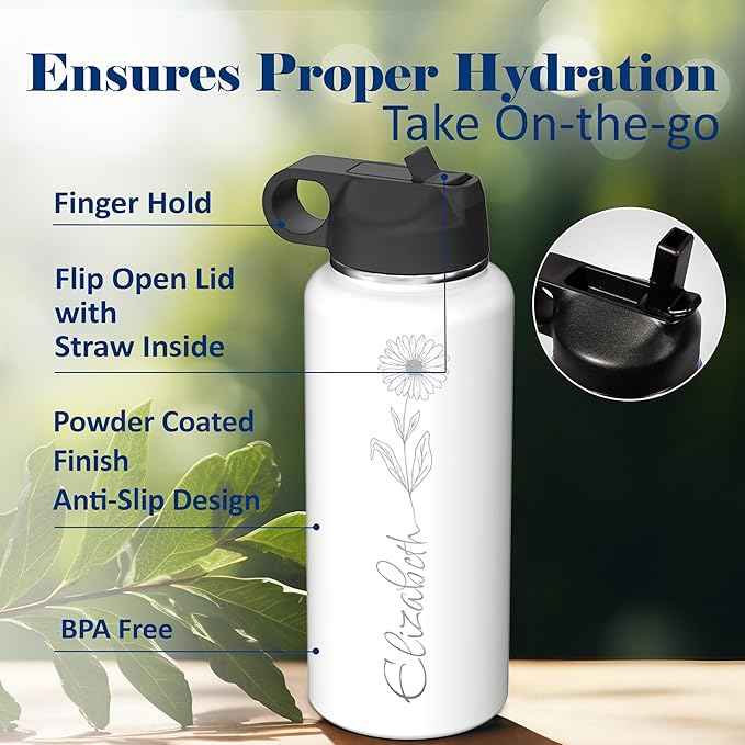 Custom Personalized Birth Flower Your Name Vertical Insulated Stainless Steel Water Bottle with Flip Top Lid & Straw Gift for Her 32 oz.