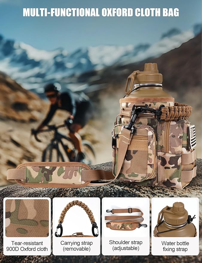 Tactical Half Gallon Water Bottle with Straw, 64 Oz Insulated Water Jug with Molle Water Bottle Holder, Stainless Steel Sport Bottle with 3 BPA Free Lids for Gym Workout Hiking (Brown)