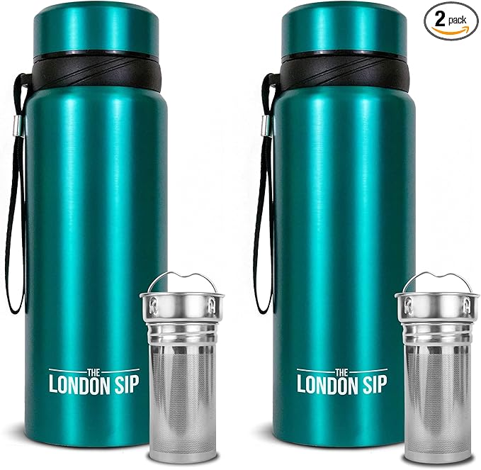 The London Sip 25 oz Multi-Function Travel Mug and Tumbler Tea Infuser Water Bottle Fruit Infused Flask Hot and Cold Double Wall Stainless Steel Coffee Thermos, Celestial Blue, Pack of 2