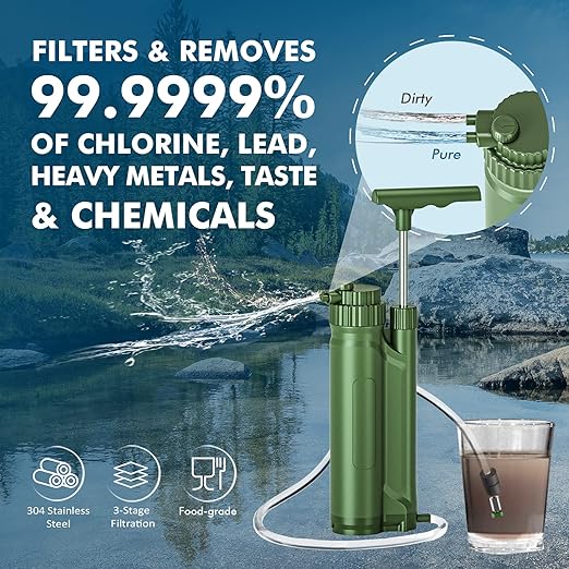 Water Filter Pump, 0.01 Micron 5-Stage Water Filter,Portable Outdoor Emergency and Survival Gear - Camping, Hiking, Backpacking (k8189 Green)
