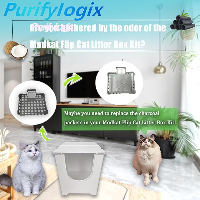 6PCS Activated Charcoal Odor Absorber Bags Compatible with Modkat Flip Cat Litter Box Kit, Natural Freshest Coconut shell Charcoal Bags, Absorb Odors/Control Damp from Pets/Keep Home Fresh