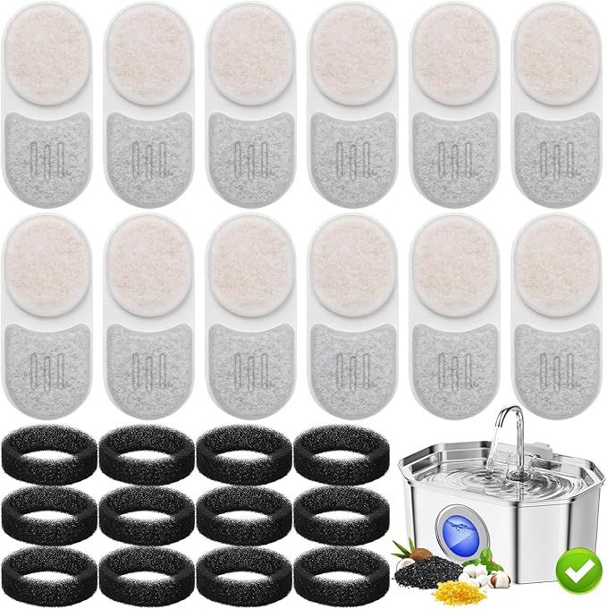 24 Pack Cat Water Filters for APAUK Automatic Pet Fountain 108oz/3.2L, Ion Exchange Resin with Activated Carbon Replacement Filters, 12 Pack Filter &12 Pack Sponges
