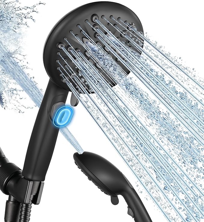 Cobbe High Pressure Shower Head with Built-in Pause Button, 9-Function Detachable Showerhead with Handheld Brass Swivel Bracket & Stainless Steel Hose, Water Saving 1-Click Stop, Black